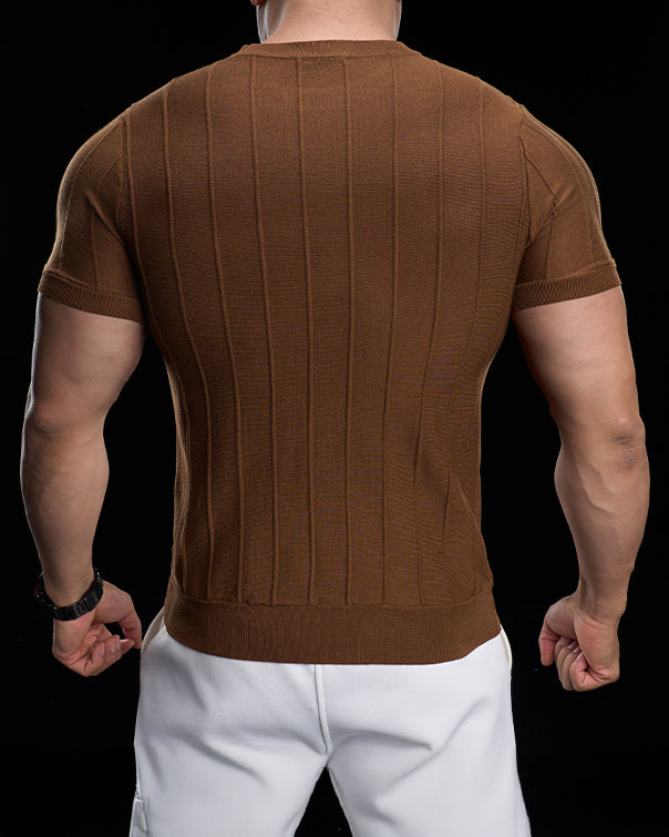 Ribbed Crew Neck Knit Tee Short Sleeves - Ahaselected