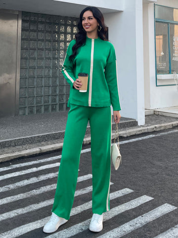 Casual Solid Sweater & Knitted Wide Leg Pant Lounge Set