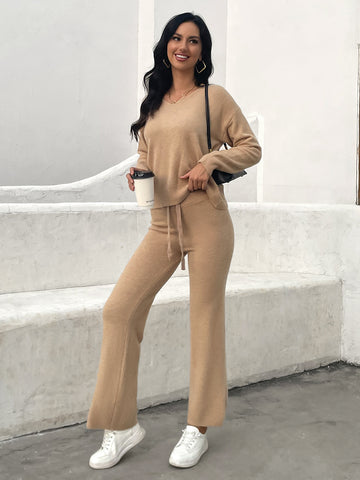 Lazy Knitted Sweater & Wide-leg Pant 2 Piece Lounge Set
