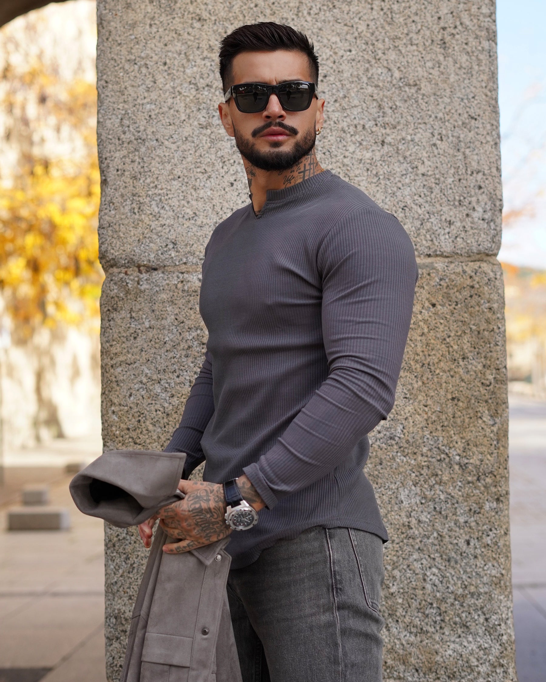 Muscle Fit V-Neck Long Sleeve Cotton Rib Knit Tech T-Shirt - Ahaselected