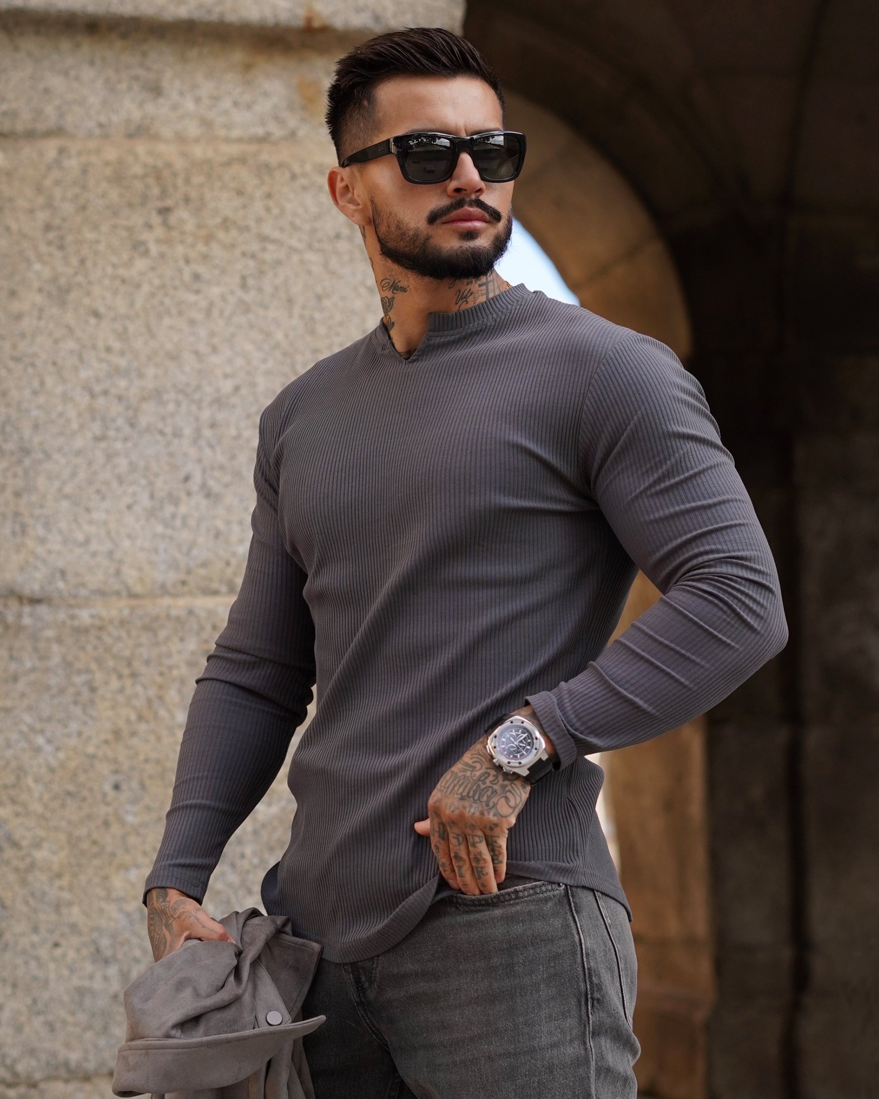 Muscle Fit V-Neck Long Sleeve Cotton Rib Knit Tech T-Shirt - Ahaselected