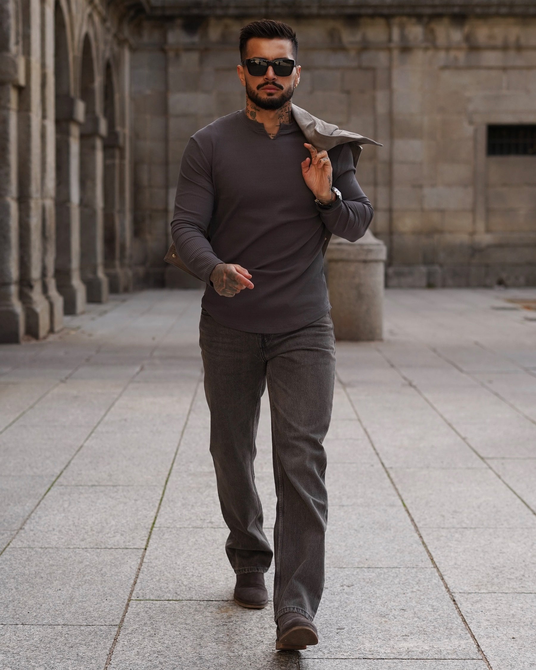 Muscle Fit V-Neck Long Sleeve Cotton Rib Knit Tech T-Shirt - Ahaselected