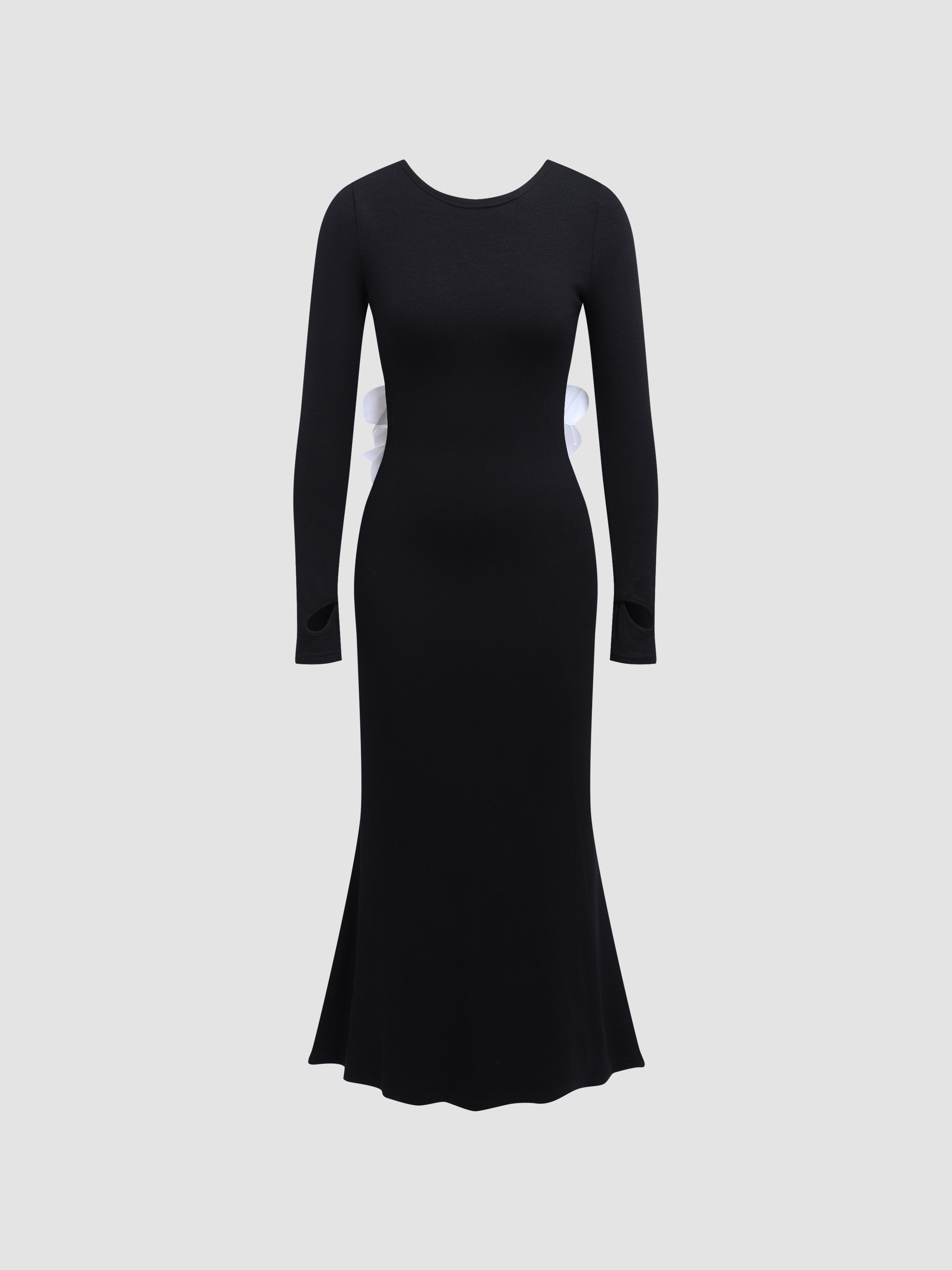 Flower-Embellished Backless Fine Ribbed Knit Dress - Ahaselected