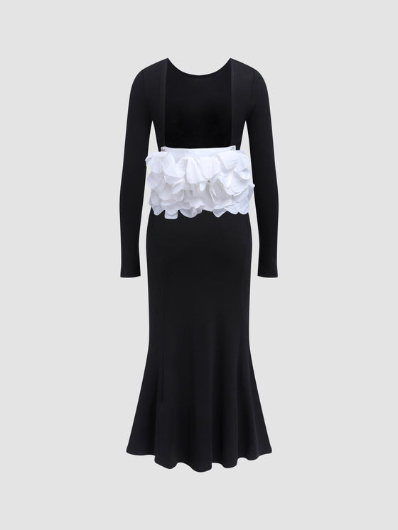 Flower-Embellished Backless Fine Ribbed Knit Dress - Ahaselected