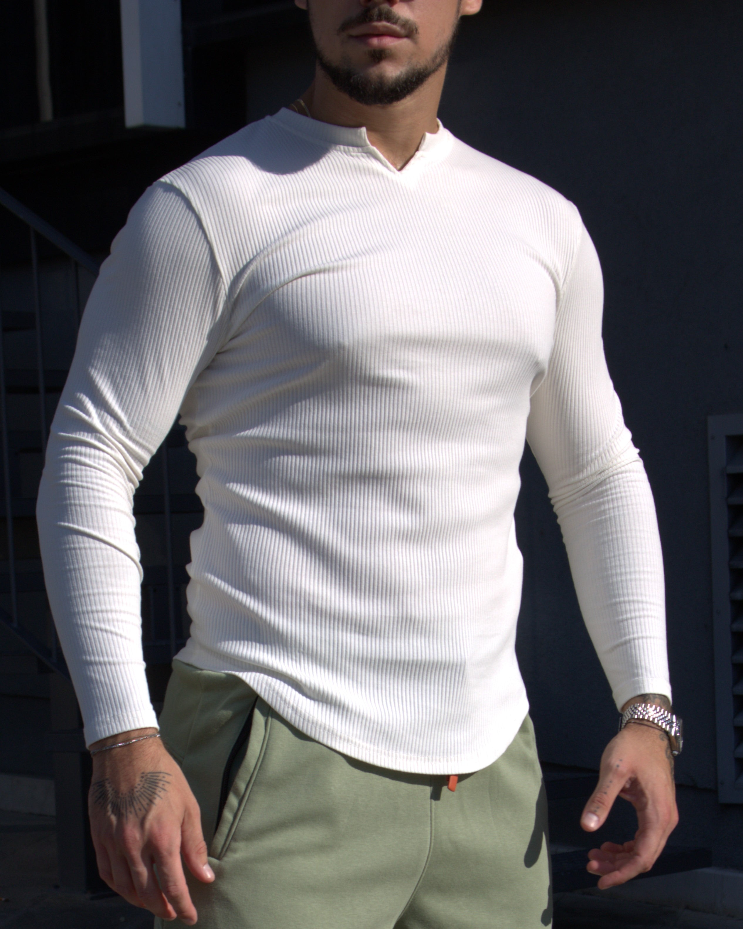 Muscle Fit V-Neck Long Sleeve Cotton Rib Knit Tech T-Shirt - Ahaselected