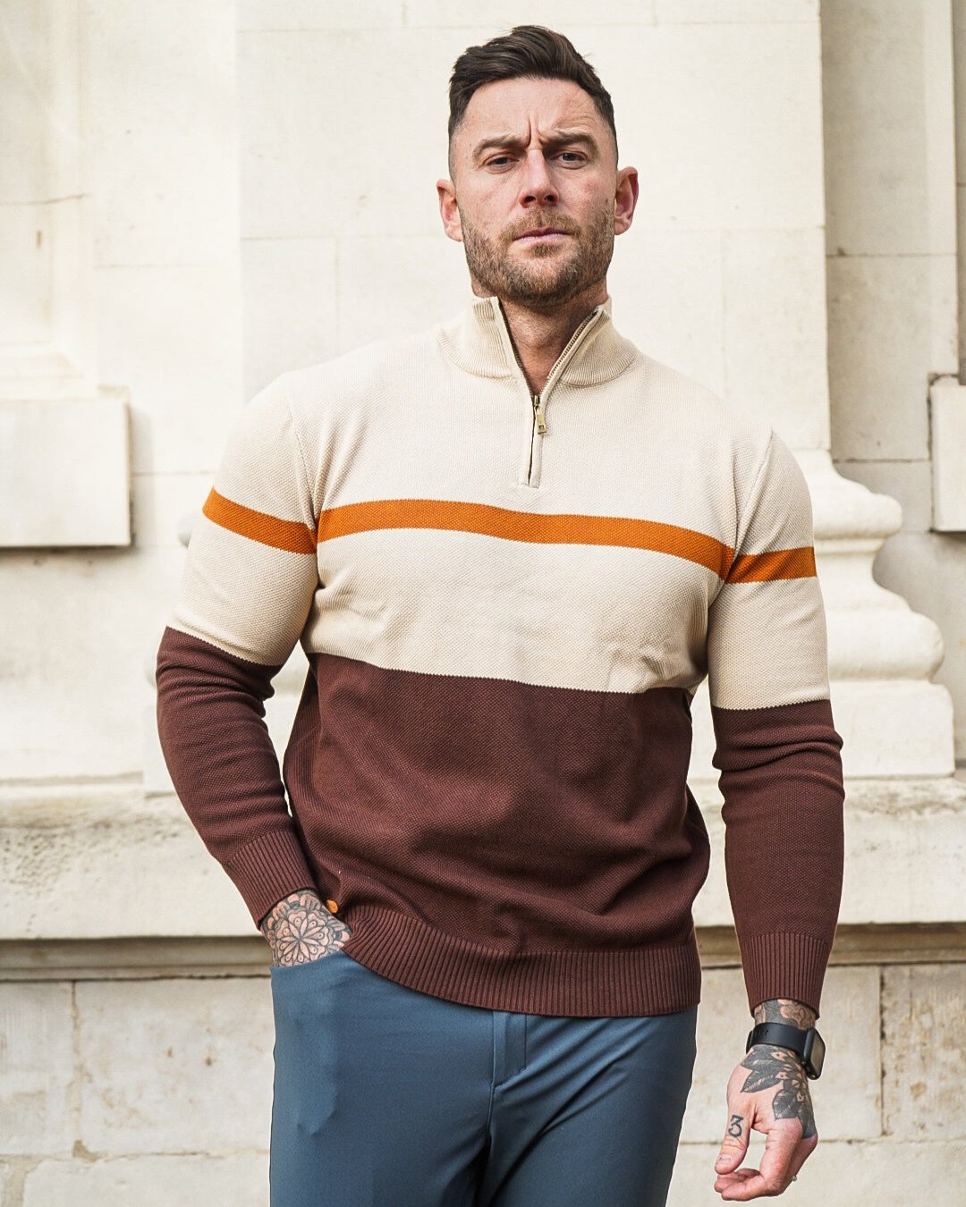 Color-Block Quarter-Zip Sweater New - Ahaselected