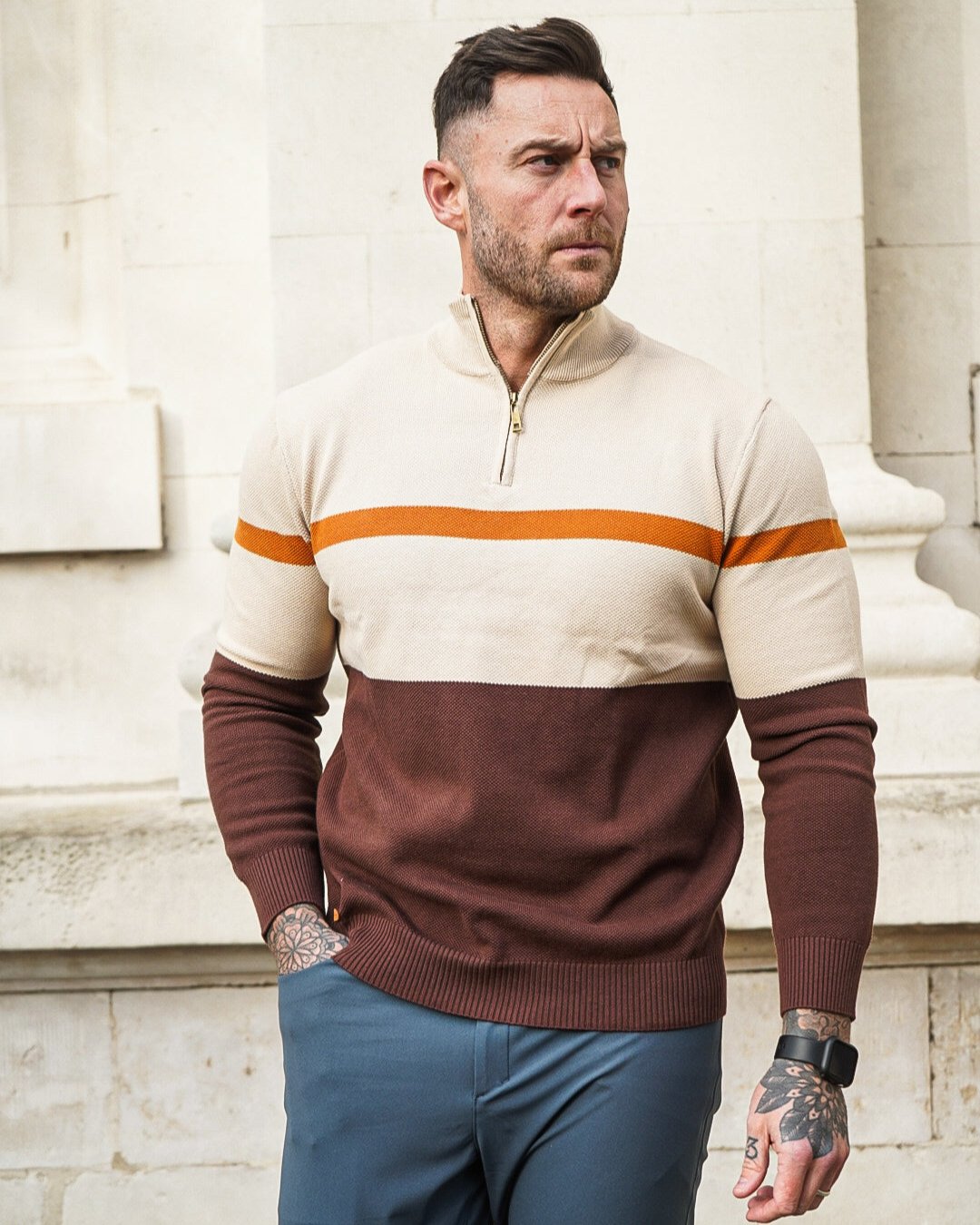 Color-Block Quarter-Zip Sweater New - Ahaselected