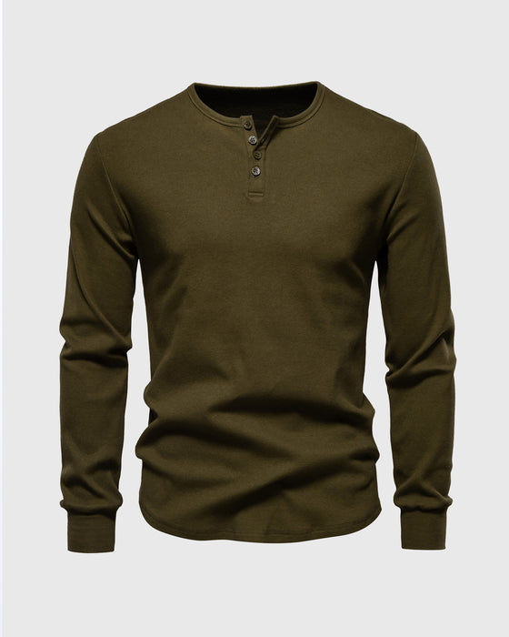 Rib Knit Curved Hem Stretch Long Sleeve Henley Shirt - Ahaselected