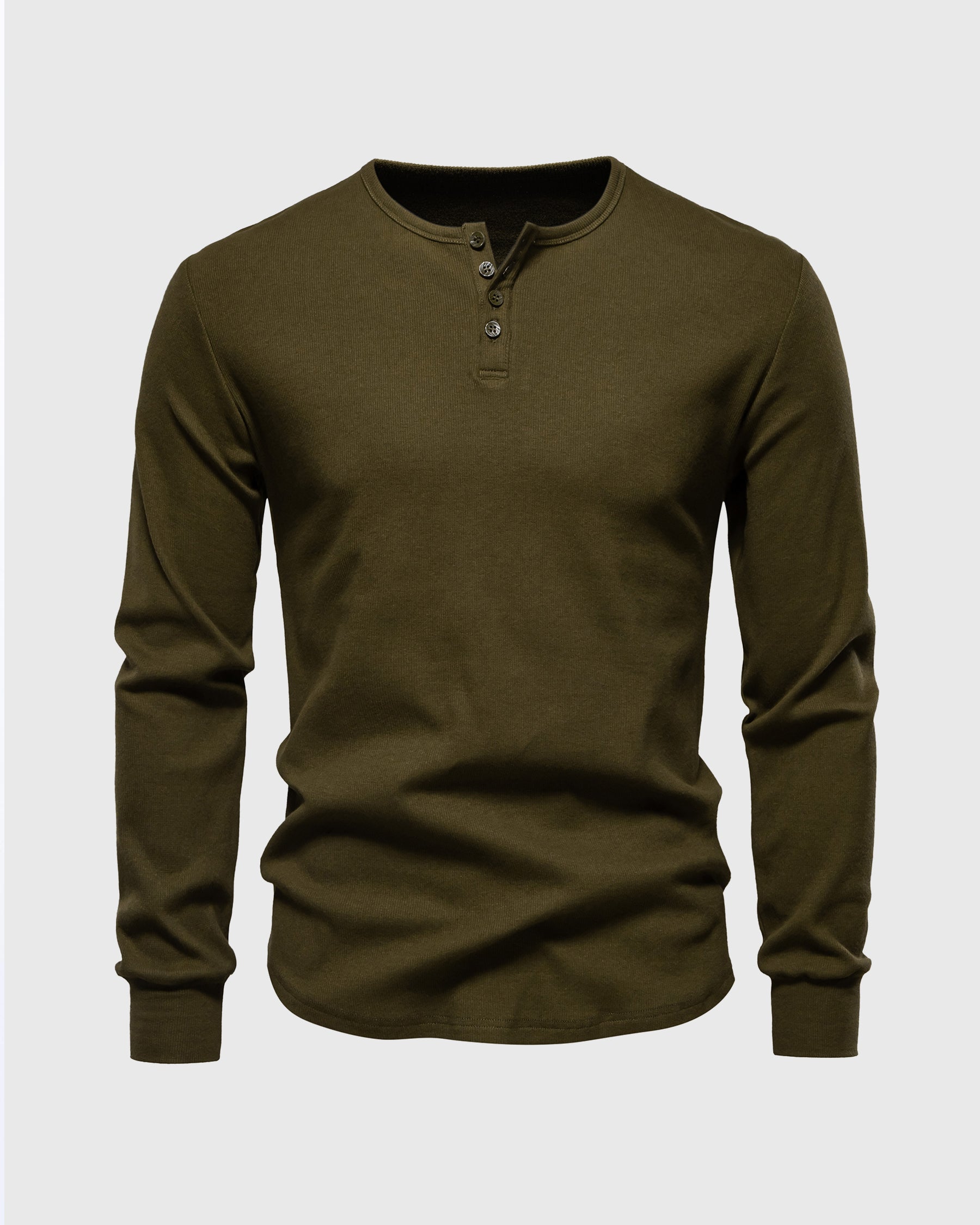 Rib Knit Curved Hem Long Sleeve Henley Shirt - Ahaselected