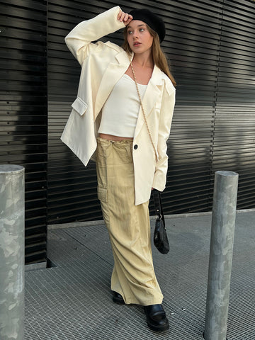 Back Slit Toggle Waist Cargo Maxi Skirt