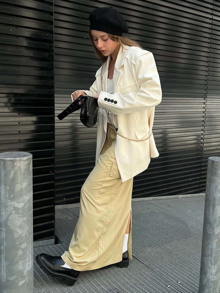 Back Slit Toggle Waist Cargo Maxi Skirt
