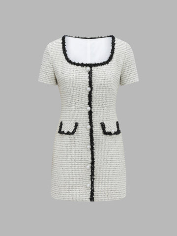 Colorblock Tweed Dress with Lace