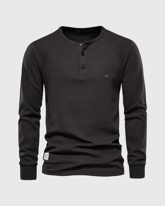 Waffle Henley Long Sleeve T-Shirt New - Ahaselected
