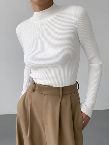 Mock-Neck Solid Slim Bottoming Knit Top