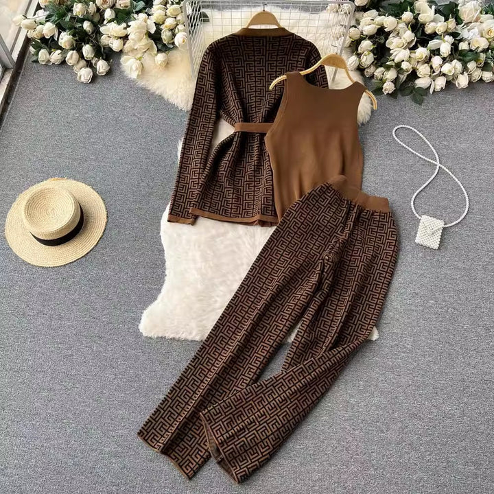 Shawl Coat V-Neck Base Knitwear Wide Leg Pants Three-Piece Set