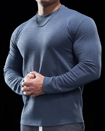 Jersey de cuello redondo con rejilla texturizada y camisa de manga larga ajustada para hombre 