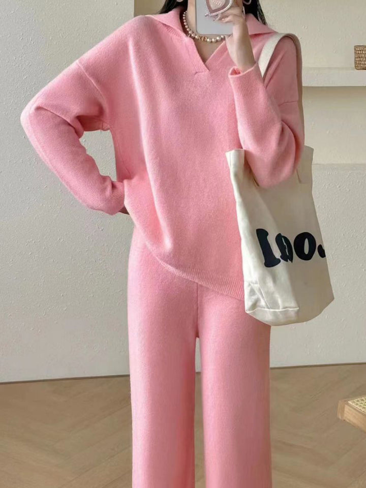 V Neck Lapel Comfy Sweater Loose Pant Two-Piece Lounge Set