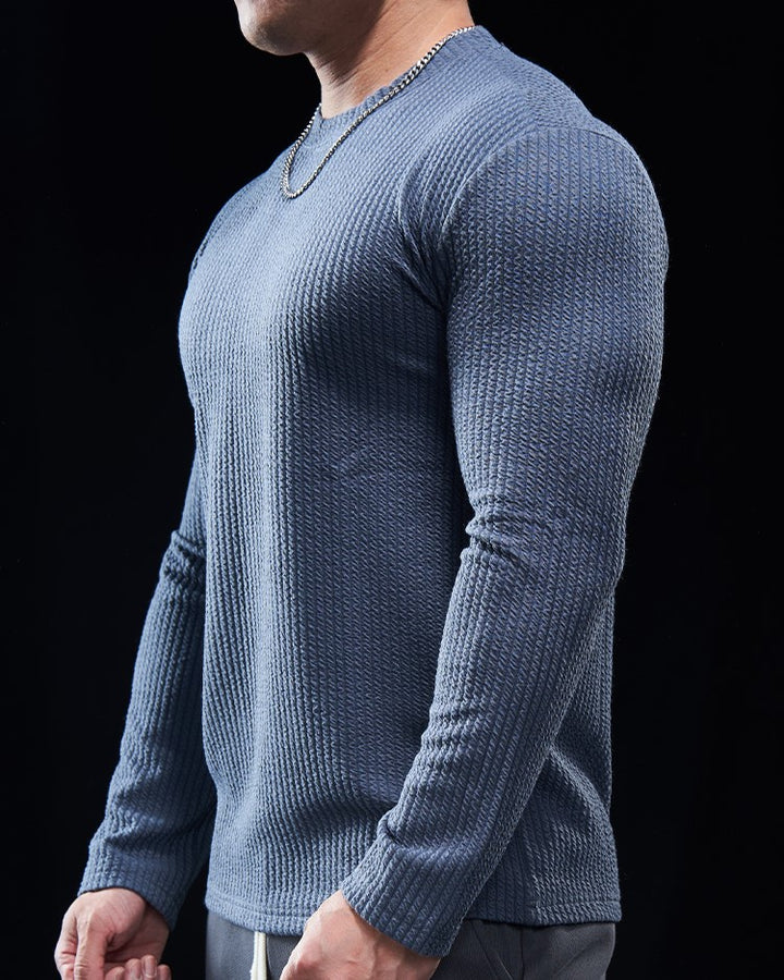 Jersey de cuello redondo con rejilla texturizada y camisa de manga larga ajustada para hombre 