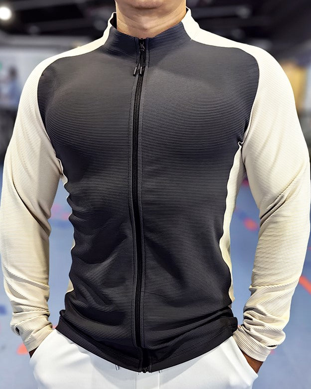 Shoulder Cut Two Tone Full Zip Long Sleeve - Ahaselected