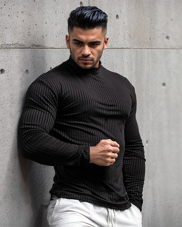 Camiseta de manga larga con cuello alto y tejido de canalé elástico 