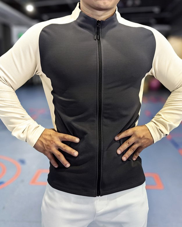 Shoulder Cut Two Tone Full Zip Long Sleeve - Ahaselected