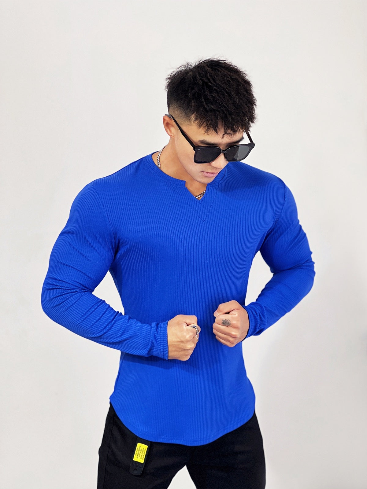 Muscle Fit V-Neck Long Sleeve Cotton Rib Knit Tech T-Shirt - Ahaselected