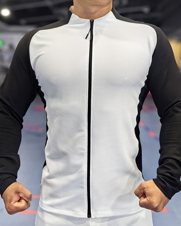 Shoulder Cut Two Tone Full Zip Long Sleeve - Ahaselected