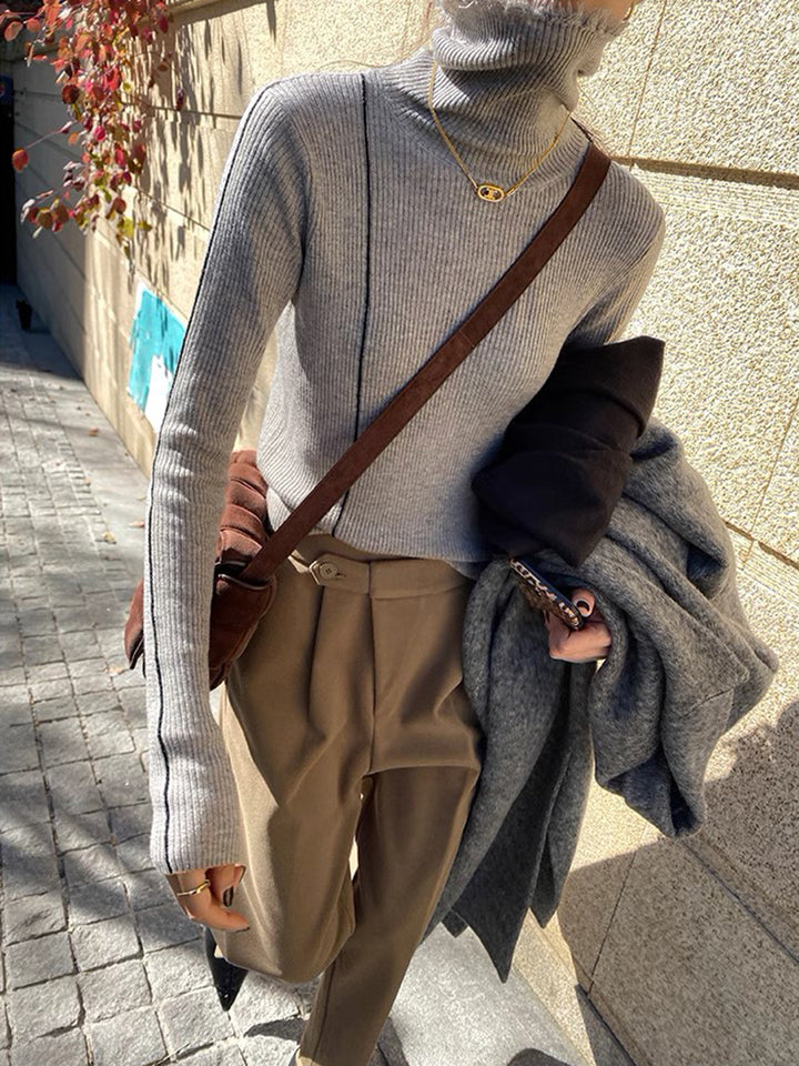Stiped Trim Wool Turtleneck Sweater