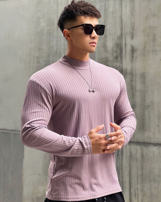 Stretch Rib Jersey Mockneck Long Sleeves Shirt New - Ahaselected