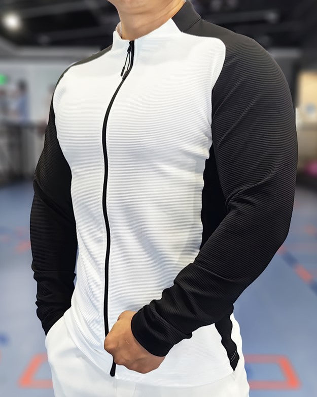 Shoulder Cut Two Tone Full Zip Long Sleeve - Ahaselected