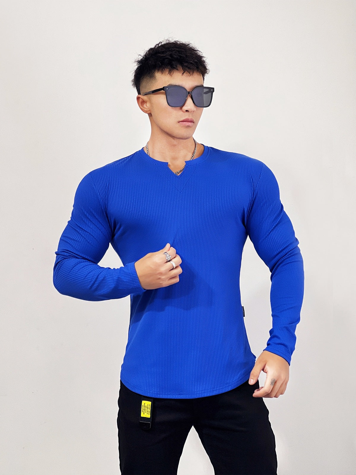 Muscle Fit V-Neck Long Sleeve Cotton Rib Knit Tech T-Shirt - Ahaselected