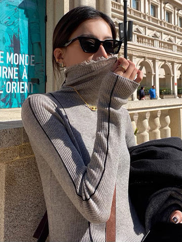 Stiped Trim Wool Turtleneck Sweater