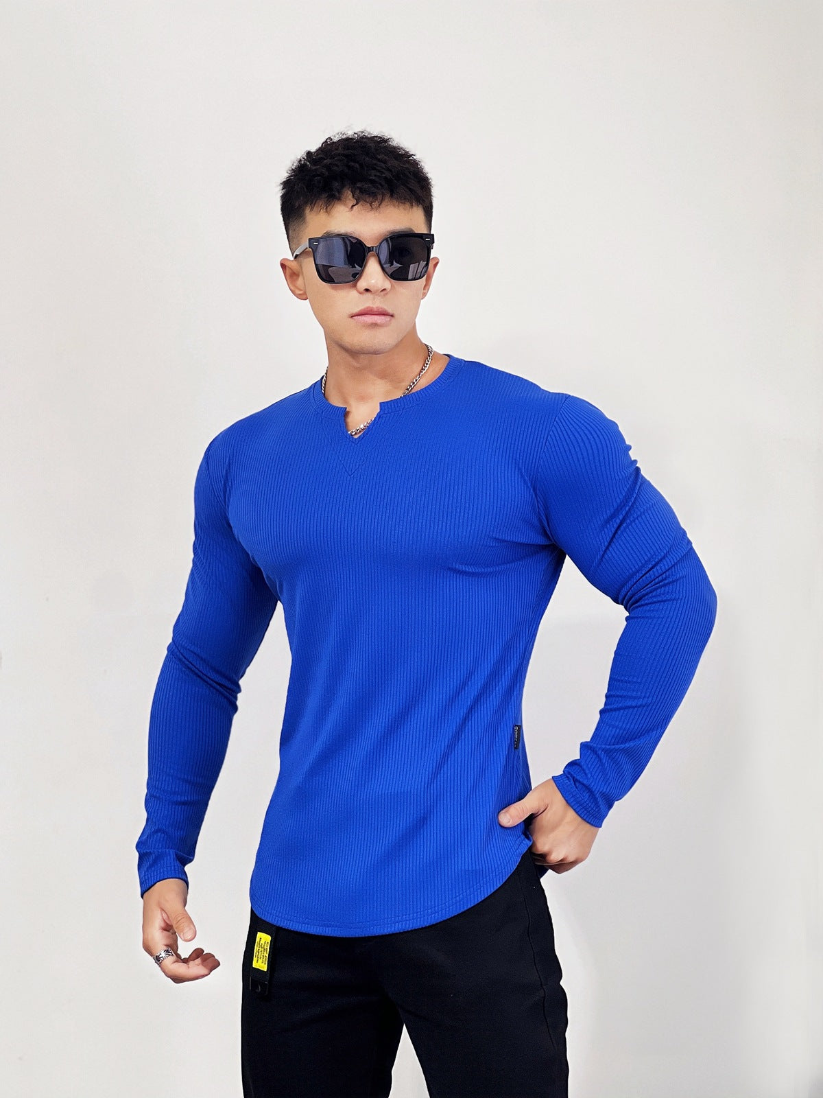Muscle Fit V-Neck Long Sleeve Cotton Rib Knit Tech T-Shirt - Ahaselected