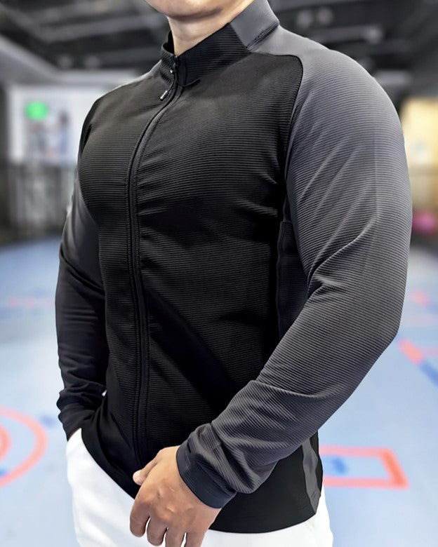 Shoulder Cut Two Tone Full Zip Long Sleeve - Ahaselected