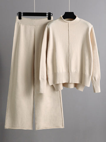 Side Slit Sweater & Knitted Wide-Leg Pants Two-Piece Set