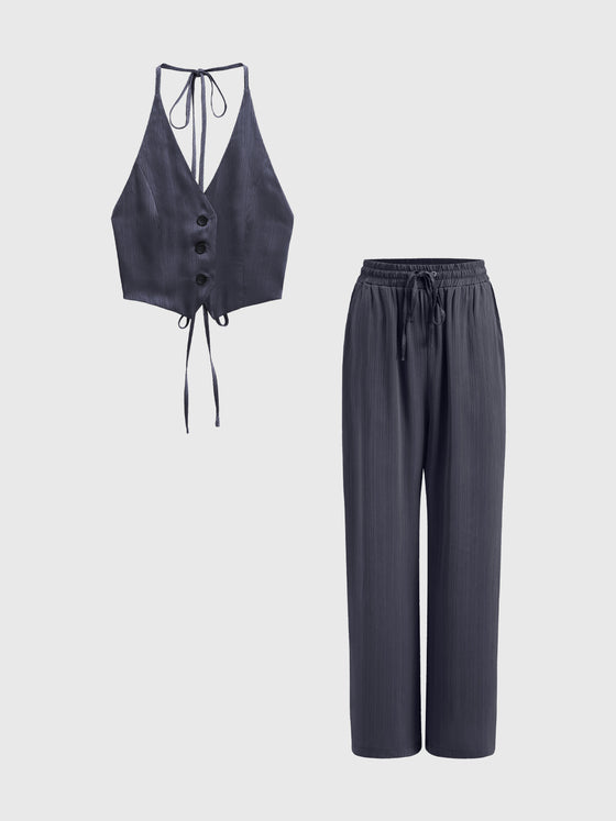 Schickes 2-teiliges Set aus gestreifter Weste mit V-Ausschnitt und Palazzo-Hose