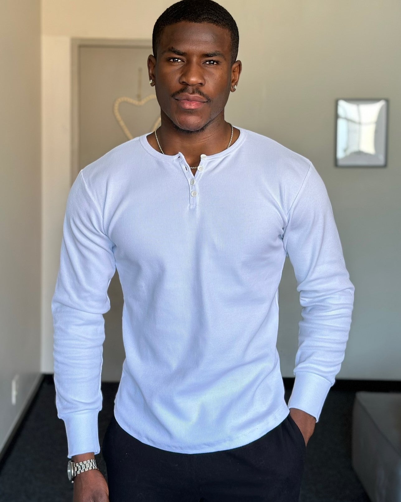 Ahaselected Rib Knit Curved Hem Long Sleeve Henley Shirt