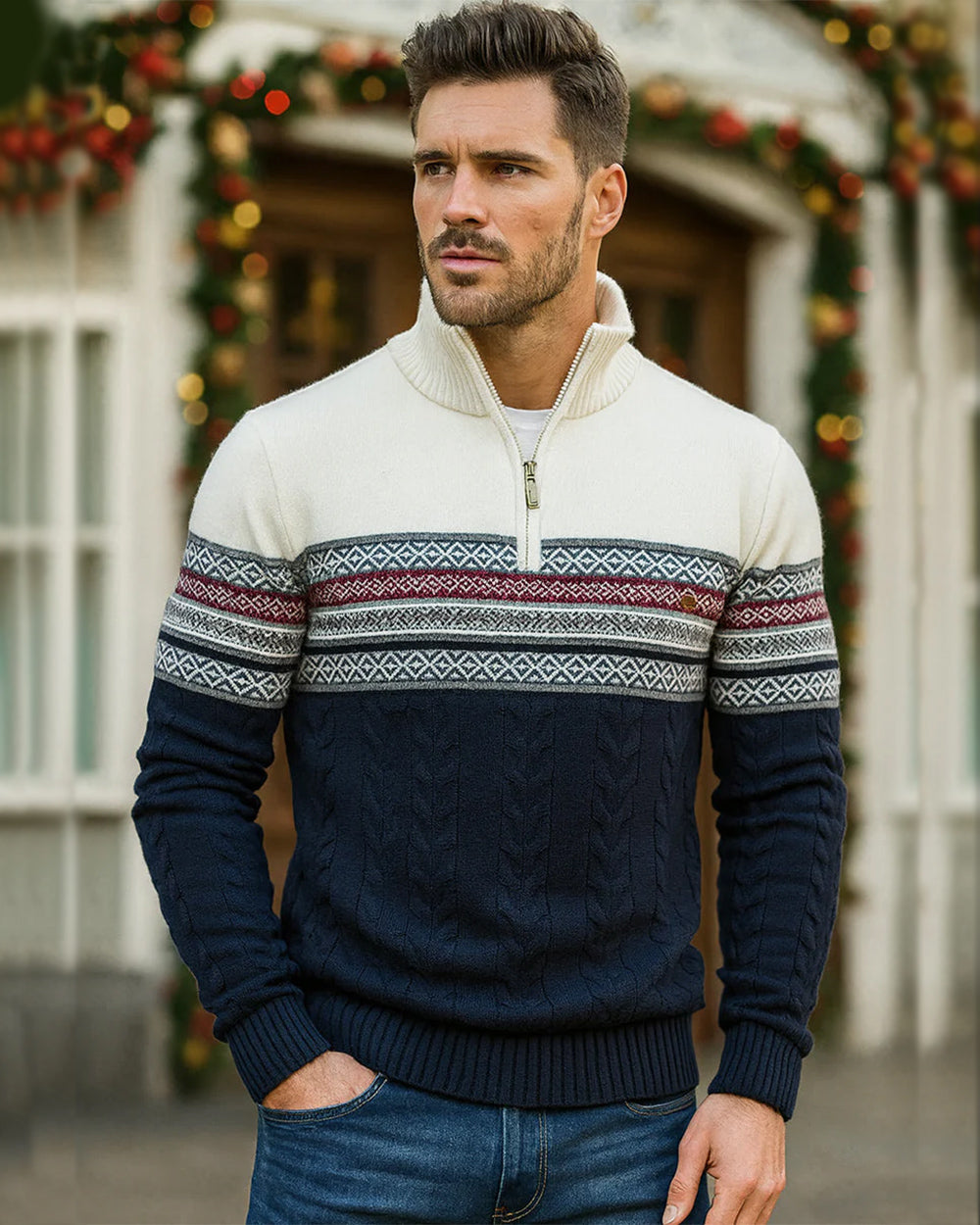 Nordic Pattern Stand Collar Half-Zip Knit Sweater - Ahaselected