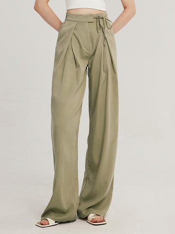 Elastic Waist Tied Wide Leg Twill Pants