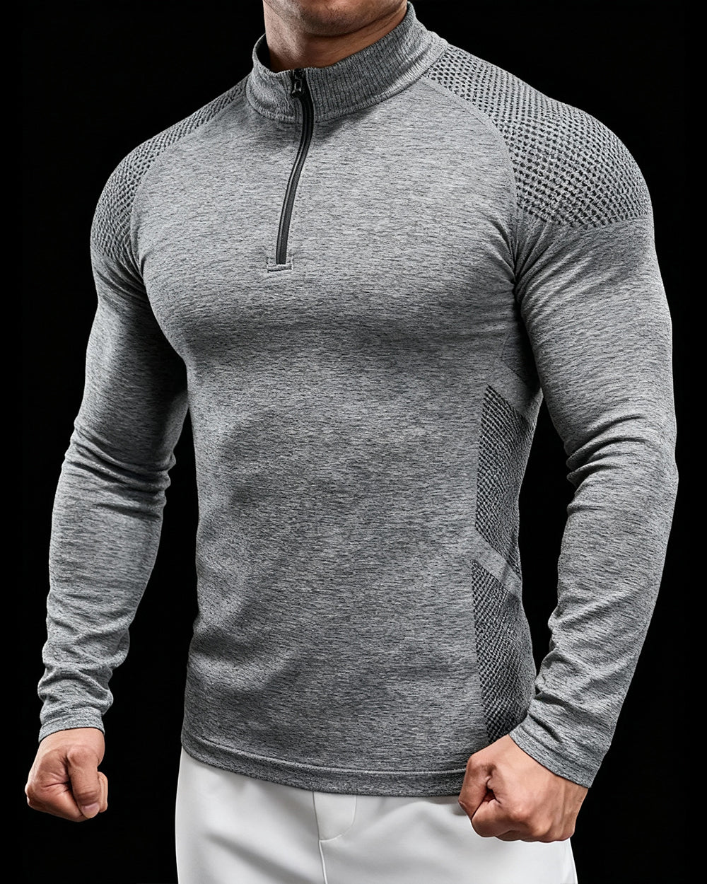Long Sleeve Half-Zip Training Shirt with Textured Pattern - Ahaselected