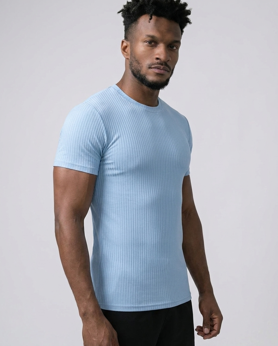 T-shirt à rayures côtelées extensible avec col rond