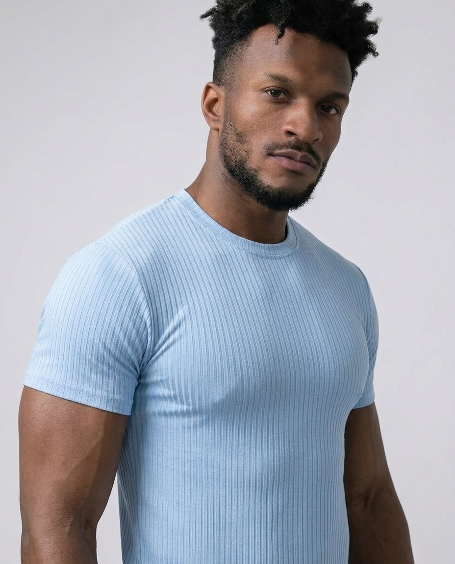 Camiseta de cuello redondo a rayas acanaladas de alta elasticidad -thumbmail-3