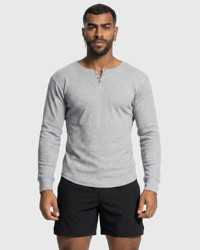 Rib Knit Curved Hem Long Sleeve Henley Shirt
