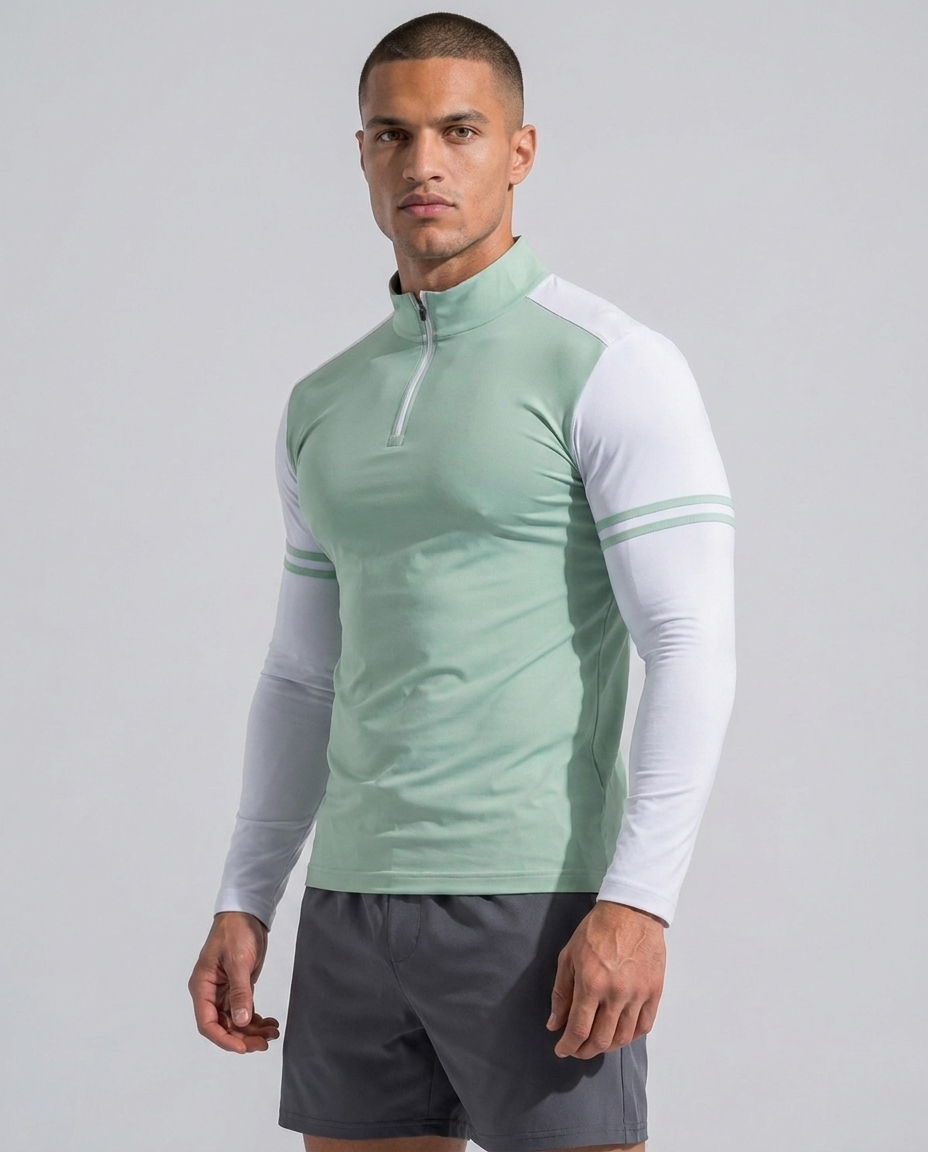 Maglia a maniche lunghe con mezza cerniera e righe bicolore Staycool