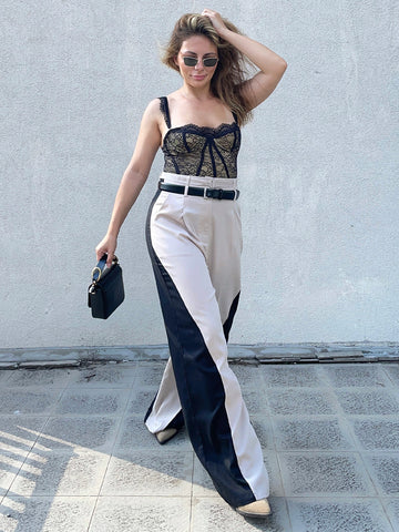 Color Block Belted Wide-leg Pants