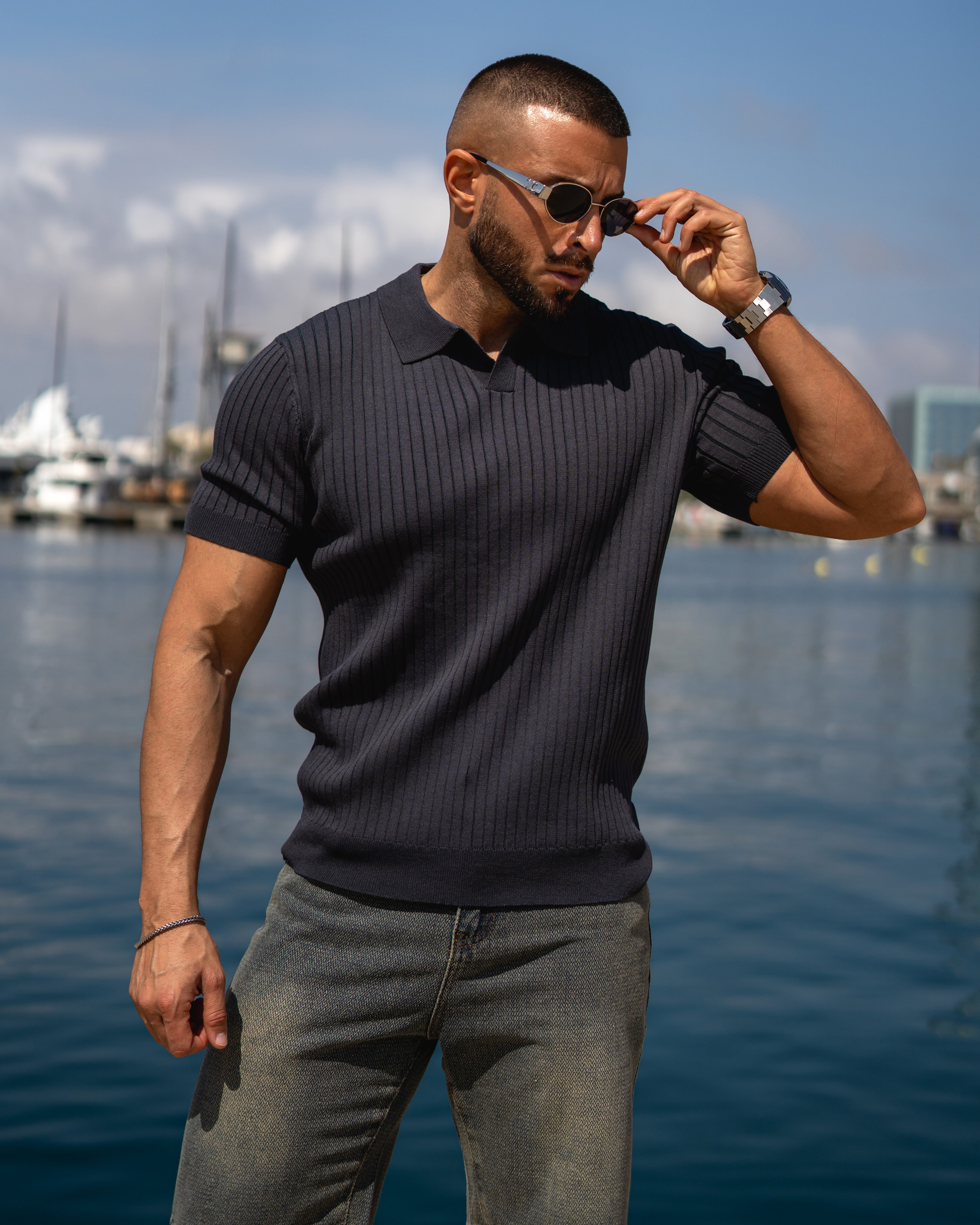 Rib Knit Seagull Collar Polo New - Ahaselected
