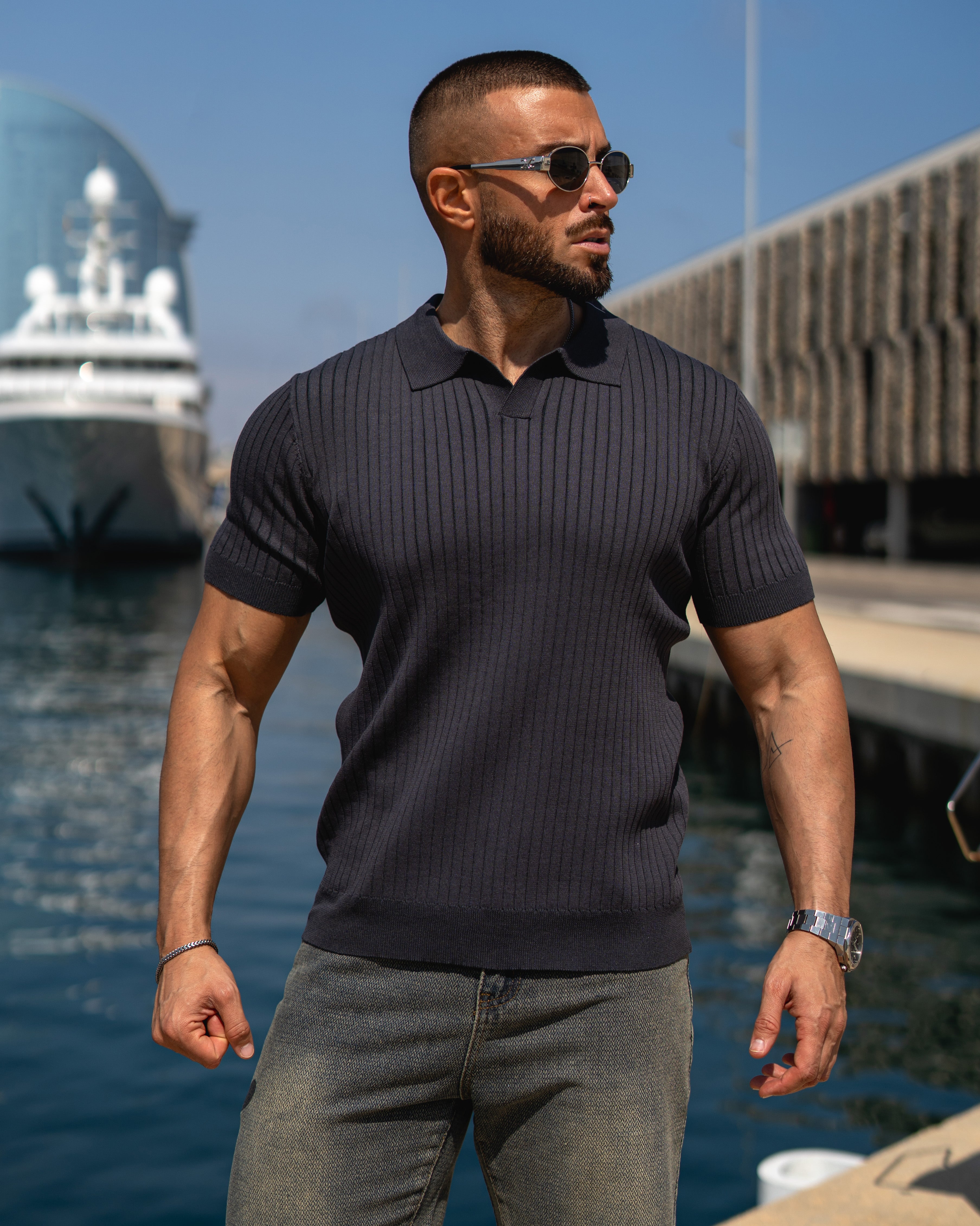 Rib Knit Seagull Collar Polo New - Ahaselected