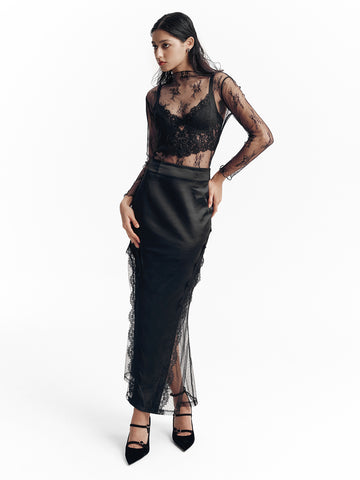 Lace-Trimmed Satin Skirt