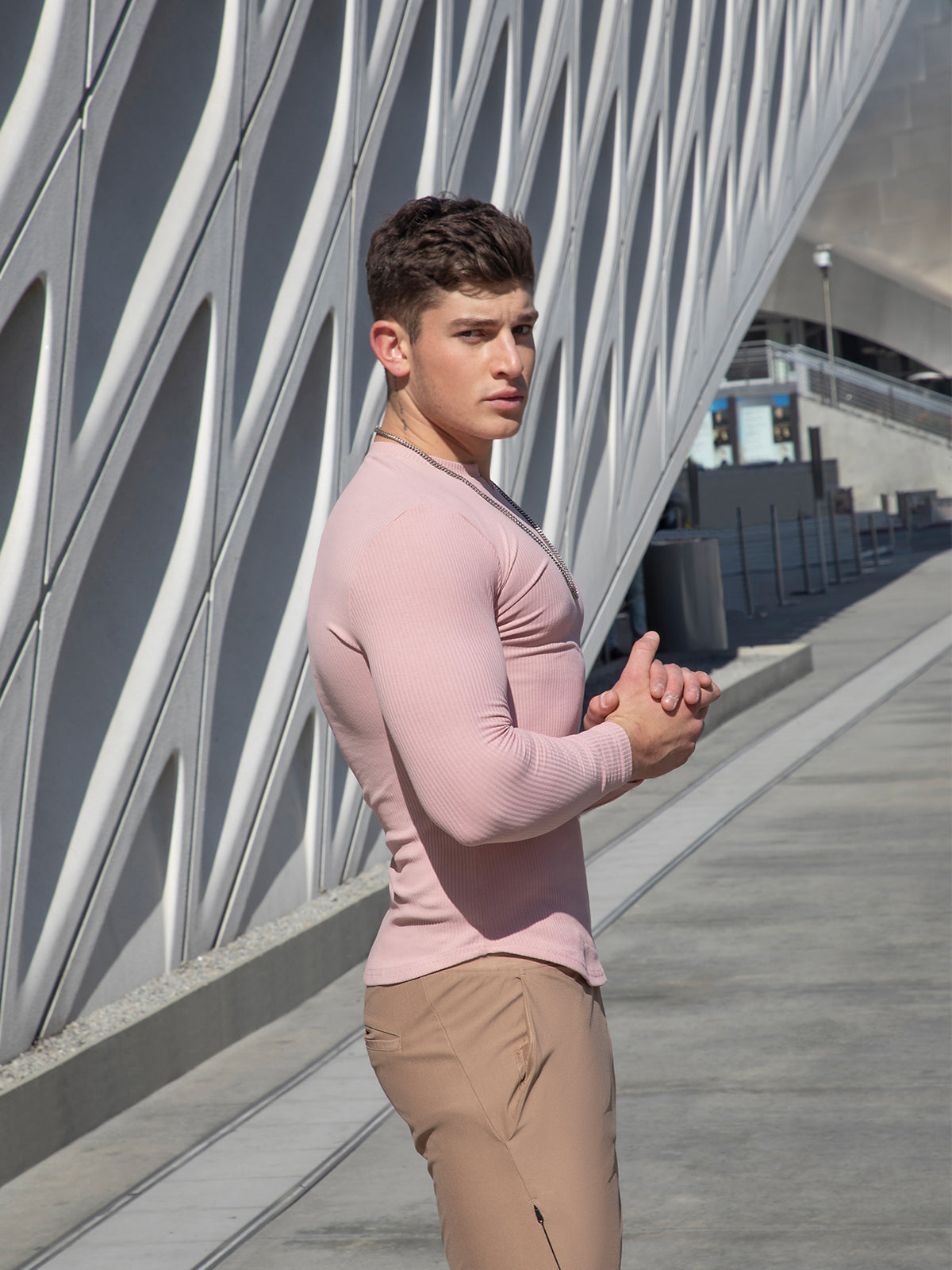 Muscle Fit V-Neck Long Sleeve Cotton Rib Knit Tech T-Shirt - Ahaselected