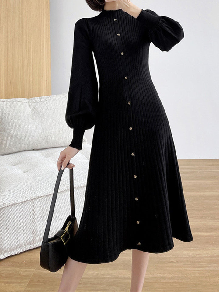 Half-Neck Puff Sleeve Knit Midi Dress